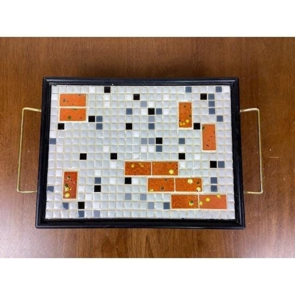 Atomic Orange Mosaic Tile Tray with Gold Wire Stand Vintage Mid Century Modern
